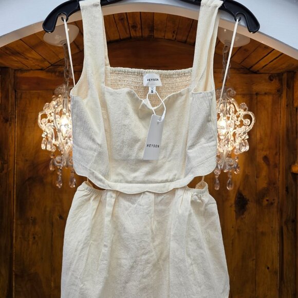 HEYSON Square Neck Crop Top | Cream Oatmeal Linen Look | Wide Strap Boho - Picture 2 of 12